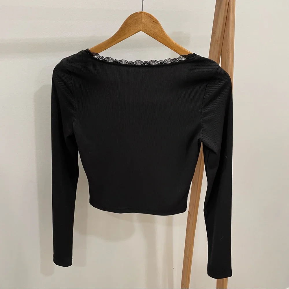 Square Neck Lace Ribbed Top with Bow Detail in Black - M